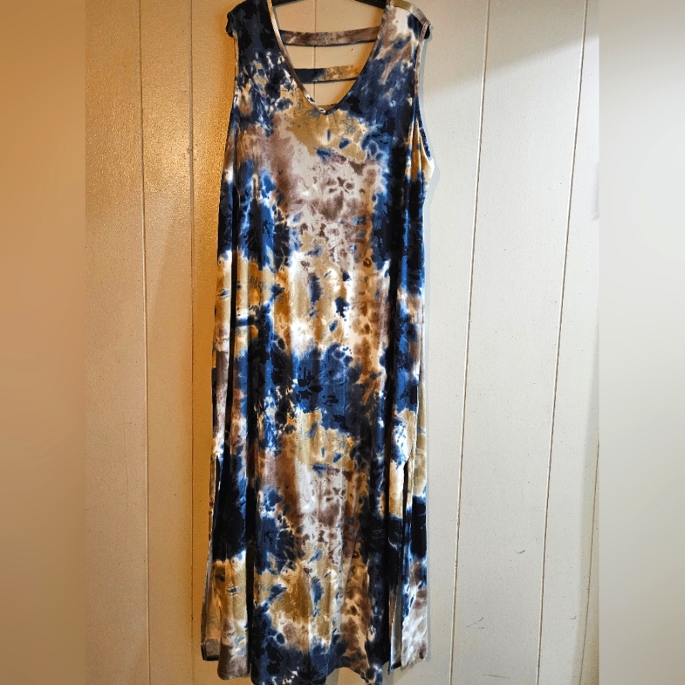 Nina Leonard Blue Tie-Dye Sleeveless Maxi Dress - Size 2X